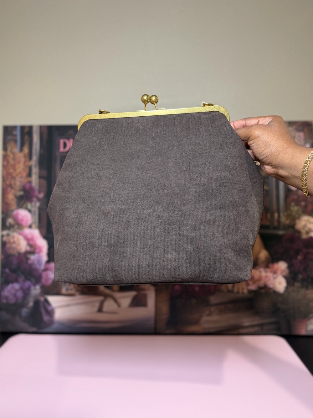Gray Suede Frame-Top Clutch Bag with Gold Hardware